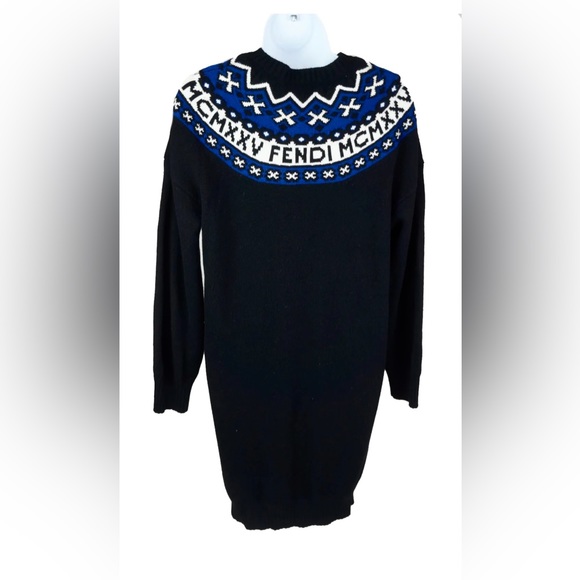 FENDI Black Fair Isle Wool Cashmere Knit Sweater Dress Size 42 It, 6 US - Picture 5 of 9
